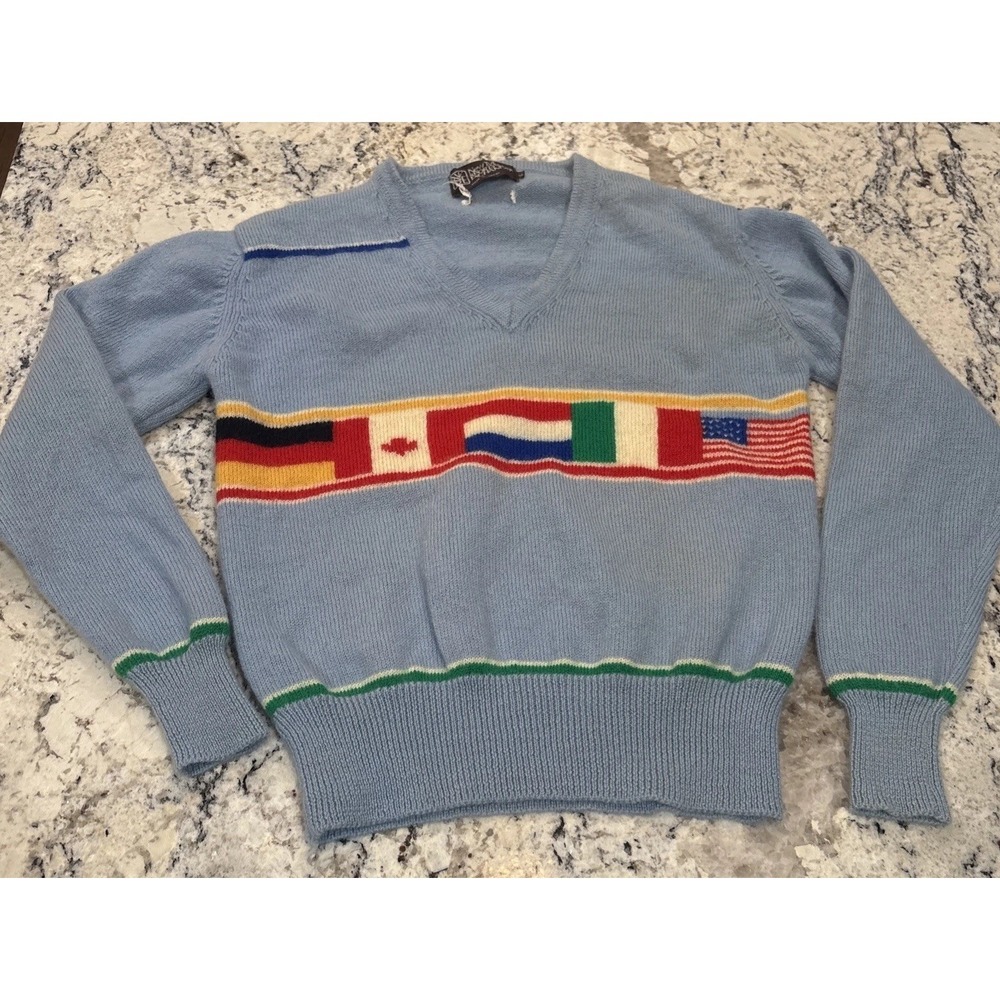 Vintage New York Sportswear Exchange Sweater Large Flags Patriotic Damage